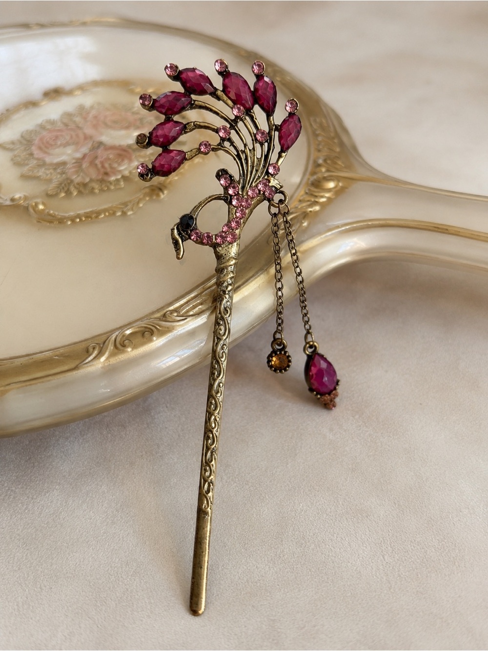 Vintage-Inspired Pink Peacock Hair Stick